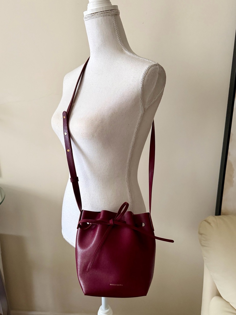 Mansur Gavriel Claret Red Textured Leather Mini Crossbody Bucket Bag - Picture 14 of 15